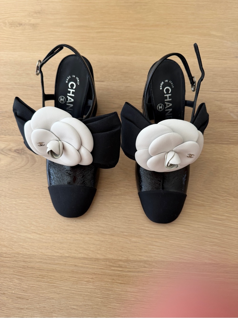 CHANEL Grosgrain Camellia Bow Block Heels